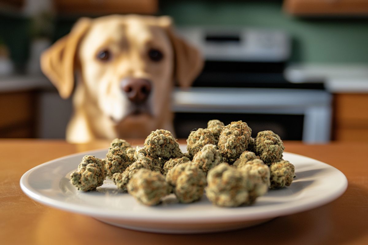 fleurs de cbd dans une assiette et un chien en arrière plan